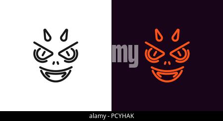 Devil silhouette in outline style. Vector illustration of Demon face with horns and fangs for Halloween party in black and orange color. Isolated grap Stock Vector