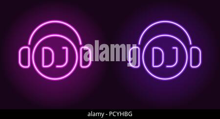Neon DJ sign in Purple and Violet color. Vector illustration of DJ icon or label with headphones in glowing neon style. Graphic element for decoration Stock Vector