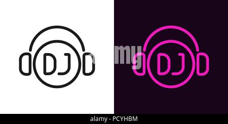 DJ sign in outline style. Vector illustration of DJ icon or label with headphones in black and pink color. Isolated graphic element for decoration of  Stock Vector