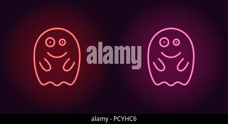 Soaring neon spirit in red and pink color. Vector illustration of ghost with smile for Halloween holiday in glowing neon style. Illuminated graphic el Stock Vector