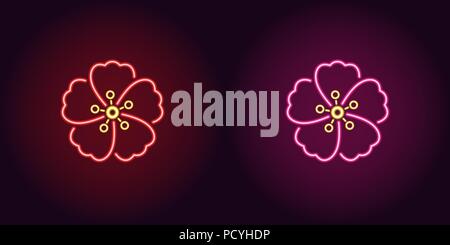 Neon Hawaiian flower in red and pink color. Vector illustration of Hibiscus flower icon in glowing neon style. Illuminated graphic element for decorat Stock Vector