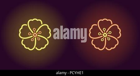 Neon Hawaiian flower in yellow and orange color. Vector illustration of Hibiscus flower icon in glowing neon style. Illuminated graphic element for de Stock Vector