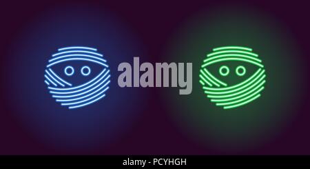 Neon mummy face in blue and green color. Vector illustration icon of bandaged Mummy head with eyes in glowing neon style. Illuminated graphic element  Stock Vector