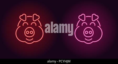 Neon piglet face in red and pink color. Vector illustration of cartoon Pig head with smile in glowing neon style. Illuminated graphic element for deco Stock Vector