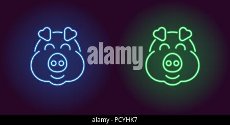 Neon piglet face in blue and green color. Vector illustration of cartoon Pig head with smile in glowing neon style. Illuminated graphic element for de Stock Vector