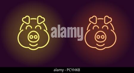 Neon piglet face in yellow and orange color. Vector illustration of cartoon Pig head with smile in glowing neon style. Illuminated graphic element for Stock Vector