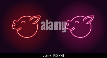 Neon piglet face in red and pink color. Vector illustration of cartoon Pig head with smile in glowing neon style. Illuminated graphic element for deco Stock Vector