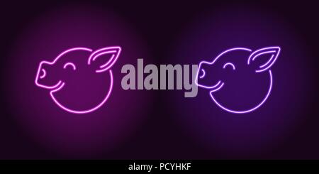 Neon piglet face in purple and violet color. Vector illustration of cartoon Pig head with smile in glowing neon style. Illuminated graphic element for Stock Vector