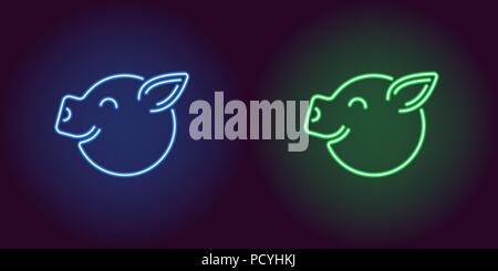 Neon piglet face in blue and green color. Vector illustration of cartoon Pig head with smile in glowing neon style. Illuminated graphic element for de Stock Vector