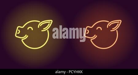 Neon piglet face in yellow and orange color. Vector illustration of cartoon Pig head with smile in glowing neon style. Illuminated graphic element for Stock Vector