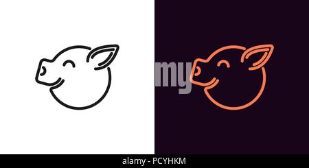 Piglet face with smile in outline style. Vector illustration icon of Cartoon pig head with smile in black and orange color. Isolated graphic element f Stock Vector