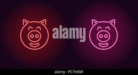 Neon piglet face in red and pink color. Vector illustration of cartoon Pig head with smile in glowing neon style. Illuminated graphic element for deco Stock Vector
