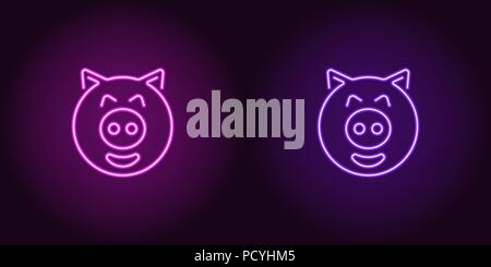 Neon piglet face in purple and violet color. Vector illustration of cartoon Pig head with smile in glowing neon style. Illuminated graphic element for Stock Vector