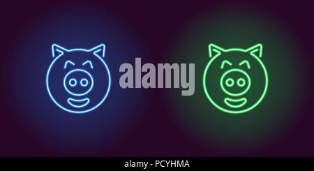 Neon piglet face in blue and green color. Vector illustration of cartoon Pig head with smile in glowing neon style. Illuminated graphic element for de Stock Vector