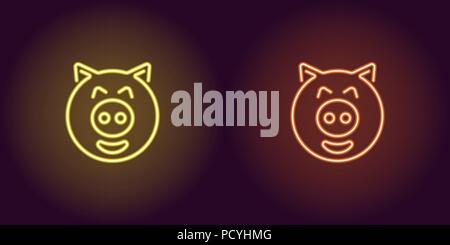 Neon piglet face in yellow and orange color. Vector illustration of cartoon Pig head with smile in glowing neon style. Illuminated graphic element for Stock Vector