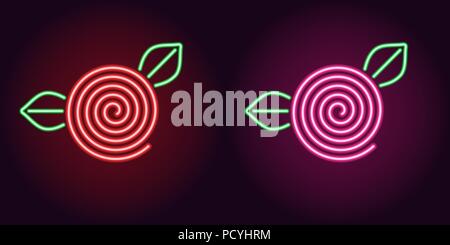 Neon Rose flower in red and pink color. Vector illustration icon of Spiral rose in glowing neon style. Illuminated graphic element for decoration Stock Vector