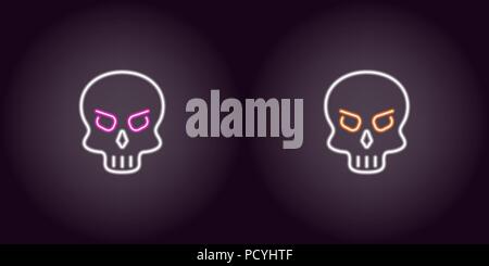 Human neon skull in white color. Vector illustration icon of cartoon Skull in glowing neon style. Illuminated graphic element for decoration of Hallow Stock Vector