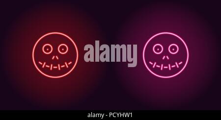 Neon zombie head in red and pink color. Vector illustration icon of Zombie face with sewn mouth in glowing neon style. Illuminated graphic element for Stock Vector