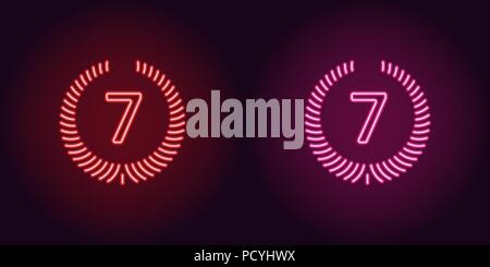 Neon Seventh place in red and pink color. Vector illustration icon of seventh Position in glowing neon style. Illuminated graphic Rating element for d Stock Vector