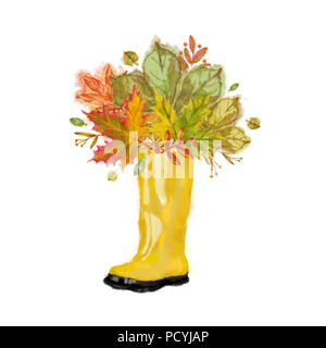 Autumn Leaves Arrangement in a Yellow Rubber Boot. Watercolor Autumnal Design Isolated on white Background. Great for Cards, Posters, Invitations etc. Stock Photo