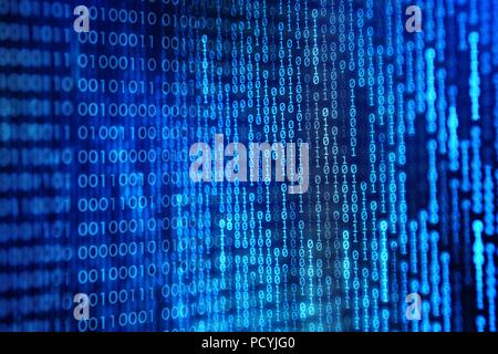 power of big data. binary code information bit on computer monitor screen display. Led light text number one and zero. blur defocus blue bokeh light. Stock Photo