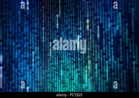 power of big data. binary code information bit on computer monitor screen display. Led light text number one and zero. blur defocus blue bokeh light. Stock Photo
