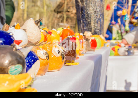 Clay birds owls, dishes. Folk art. Poland Opole Stock Photo