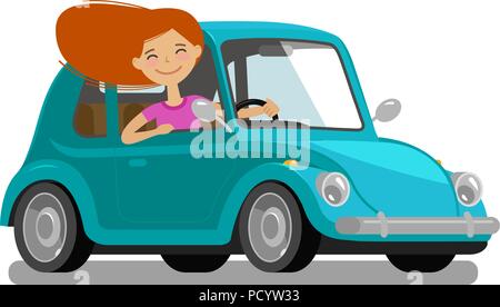 Happy girl rides car. Driving, trip, travel concept. Cartoon vector illustration Stock Vector