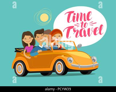 Happy friends riding retro car on journey. Travel concept. Funny cartoon vector illustration Stock Vector