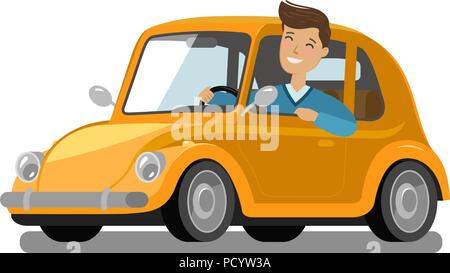 Happy male driver rides car. Driving, trip, taxi concept. Cartoon vector illustration Stock Vector