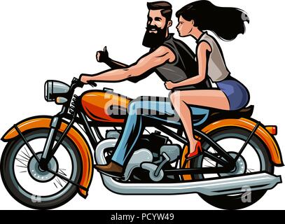 Biker with girl riding a retro motorcycle. Cartoon vector illustration Stock Vector