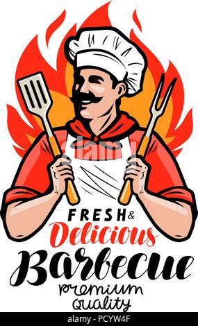 Barbecue logo or label. Cook or happy cook holding a grill tools spatula and fork. Lettering vector illustration Stock Vector