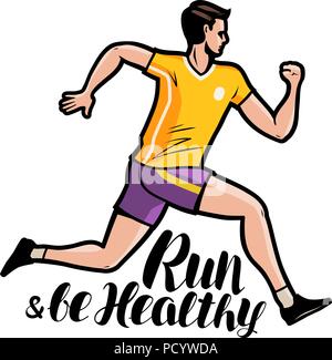 Jogging, running. Run and be healthy, lettering. Cartoon vector illustration Stock Vector