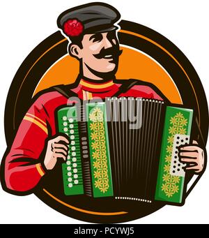 Happy accordion player in the national costume playing a musical instrument. Russian folklore, music concept. Cartoon vector illustration Stock Vector