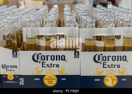 Kiev, Ukraine. July 22 2018 Light beer "Corona" in boxes. Light beer "Corona" in the store. Stock Photo
