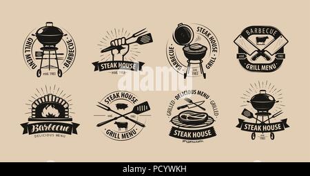 BBQ, barbecue, grill logo or icons. Labels for the menu of restaurant or cafe. Vector illustration Stock Vector