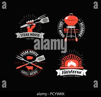 BBQ, barbecue, grill logo or symbol. Labels for menu of restaurant or cafe. Vector illustration Stock Vector