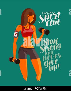 Girl or young woman raises dumbbells. Fitness, gym, bodybuilding concept. Vector illustration Stock Vector