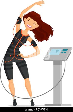 Ems training. Girl doing fitness exercise in the gym. Cartoon vector illustration Stock Vector