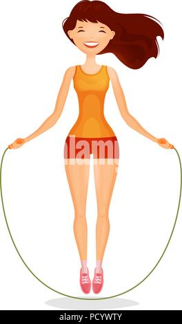 Happy girl with skipping rope. Fitness, sports concept. Cartoon vector illustration Stock Vector