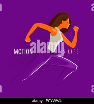 Girl or a young woman is running fast. Sport, fitness concept. Motion is life, motivational phrase Stock Vector