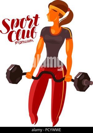 Girl or young woman holding a heavy barbell in hands. Fitness, gym, bodybuilding vector illustration Stock Vector