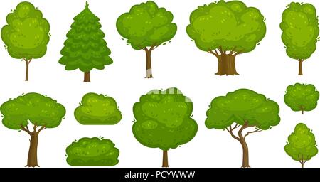 Trees and bushes set of icons. Forest, nature, environment concept. Cartoon vector illustration Stock Vector
