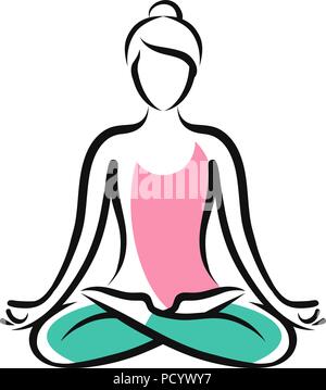Girl sitting in lotus pose. Yoga, fitness logo or symbol. Vector illustration Stock Vector
