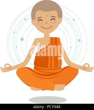 Funny buddhist monk sits in lotus position. Buddhism, yoga concept. Cartoon vector illustration Stock Vector