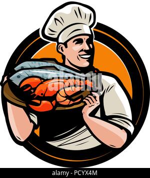 Seafood logo or label. Chef with tray of food. Vector illustration Stock Vector