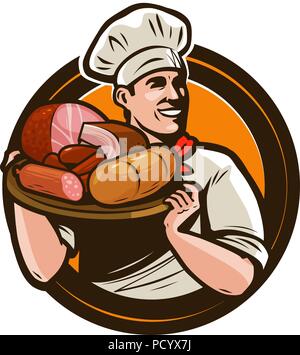 Cook holding a tray of meat products. Butcher shop logo. Vector illustration Stock Vector