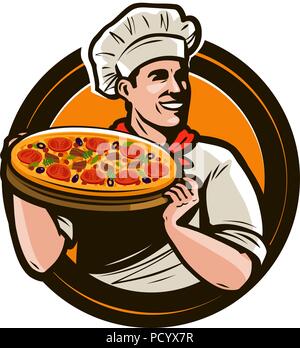 Chef holding a tray of pizza. Fast food, restaurant, pizzeria logo. Vector illustration Stock Vector
