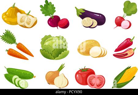 Vegetables, set of colored icons. Green vegetable, garden stuff concept. Vector illustration Stock Vector