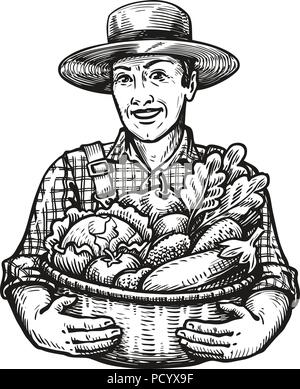 Happy farmer holds a wicker basket full of fresh vegetables. Farm, harvest, agriculture concept. Sketch vector illustration Stock Vector